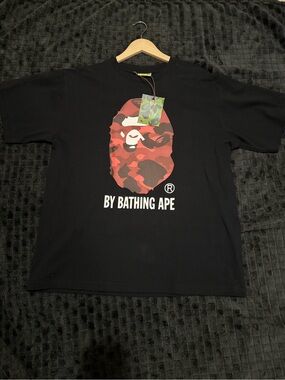 Bape Black Tee with Red Camo Ape Head Graphic